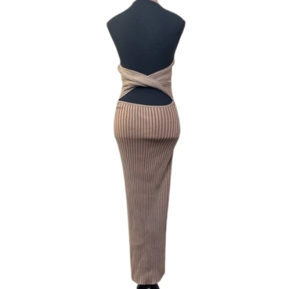 Sovere Womens 6 Halter Neck Bodycon Midi Dress Tan Color - Picture 4 of 7